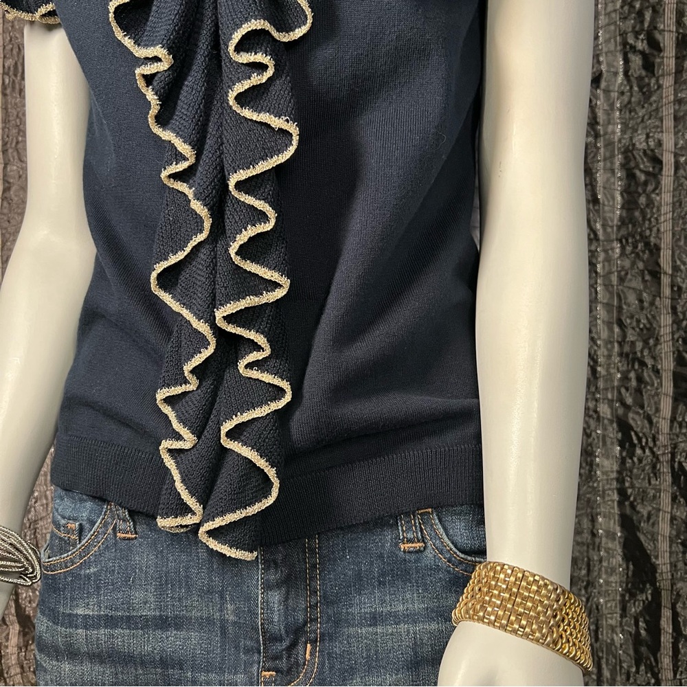 Chaps Navy Button Up Ruffle Front Top - image 4